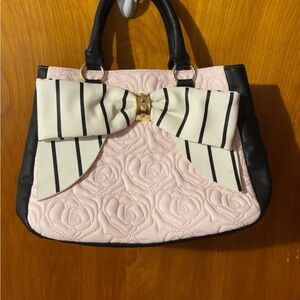 Elegant Pink and Black BETSY JOHNSON Handbag with BIG striped Bow